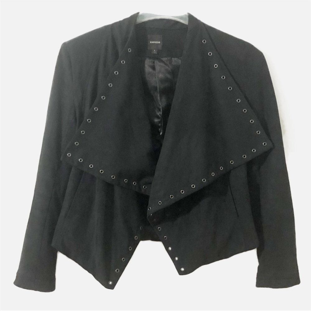 Express Long Sleeved Draped and Studded Eyelet Front Collared Jacket Lined Black